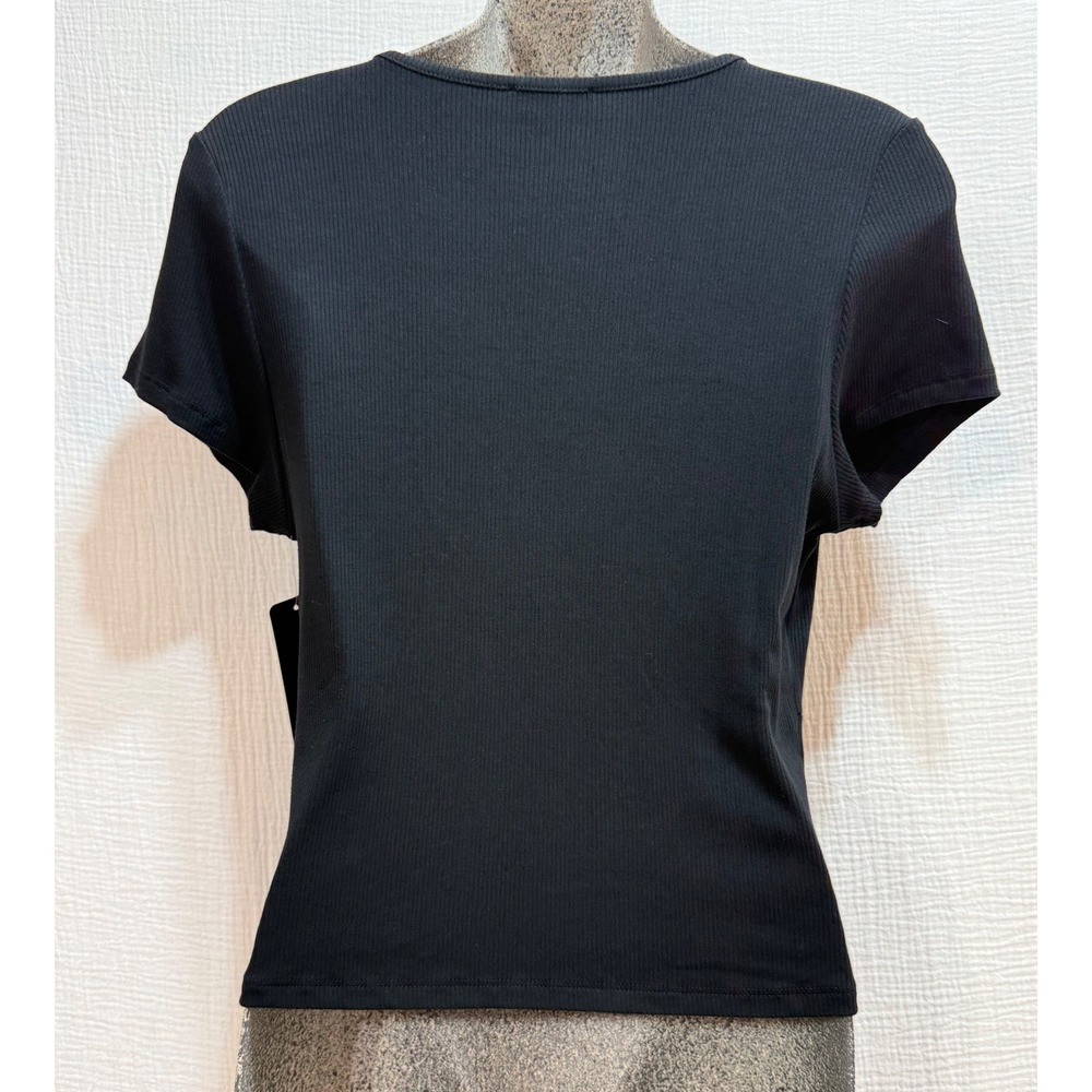 Bebe Rosette Ribbed Top Women Large Black Short Sleeve V-Neck‎ Cutout Front Goth - Picture 3 of 9